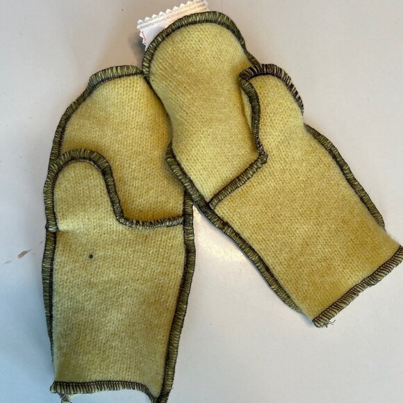 Handmade Recycled Wool Mittens in Yellow and Pink Size Small - Picture 4 of 6